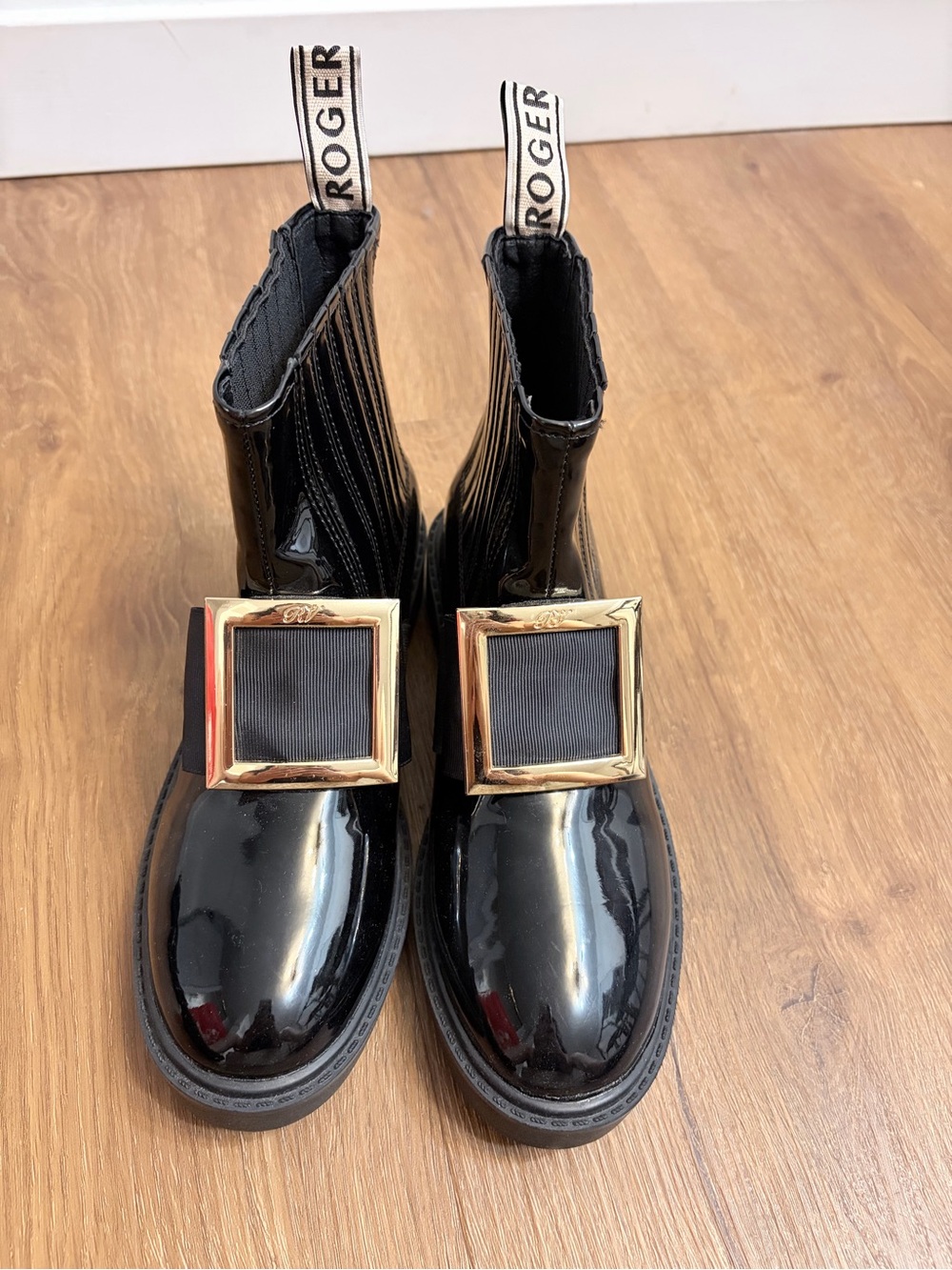 Roger Vivier Viv Ranger Black Boots with Gold Buckle 235
